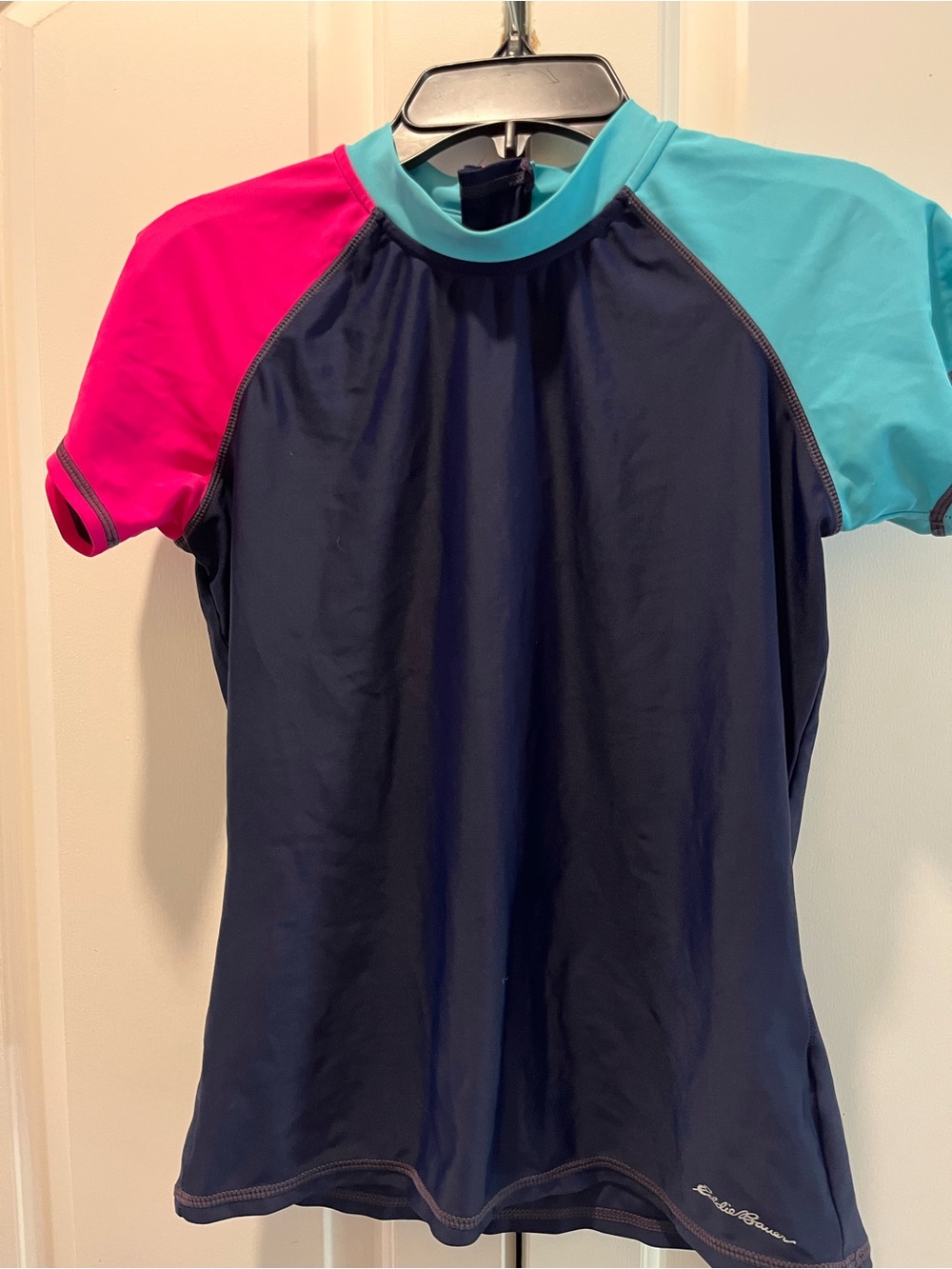 Children's Navy Rash Guard Swim Shirt with Pink & Aqua Sleeves